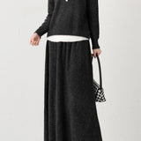 二点セット　バイカラーボタン装飾ニットトップス+シンプルデザインマキシフレアスカート　5色入 - liwisi