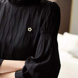 Ruffled Collar Flower Brooch Decor Striped Blouse - 3 Colors Available