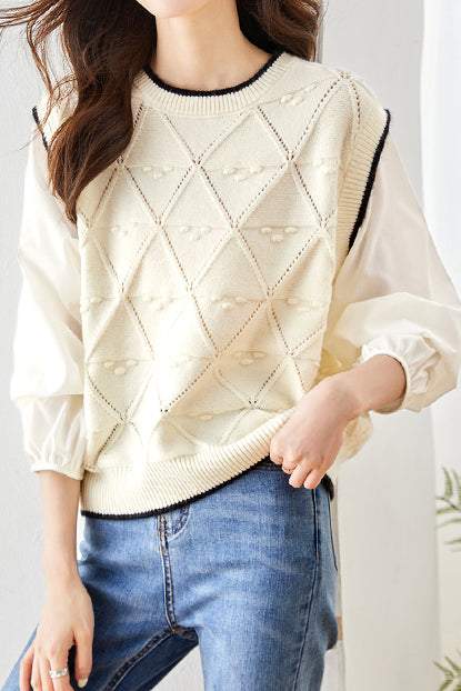 レイヤード風ラウンドネック菱柄ニットトップス - liwisi