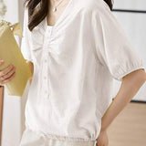 V-Neck Front Button Decor Drawstring Gathered Blouse - 3 Colors Available