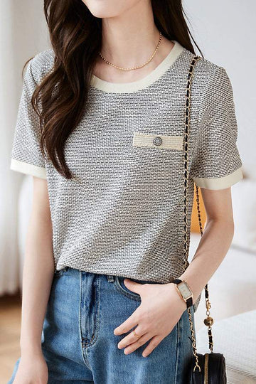 ポケット装飾ワッフル切替Tシャツ - liwisi