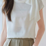 Diagonal Bow Tie Collar Drop Shoulder Satin Blouse - 2 Colors Available