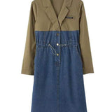 Notch Lapel Color Denim Contrast Drawstring Dress