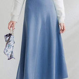 Knit A-Line Flare Long Floral Jacquard Skirt with Elastic Waist - 7 Colors Available