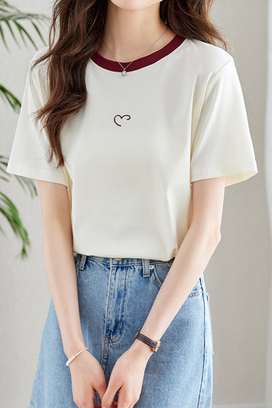 ラウンドネックロゴ刺繡装飾Tシャツ - liwisi