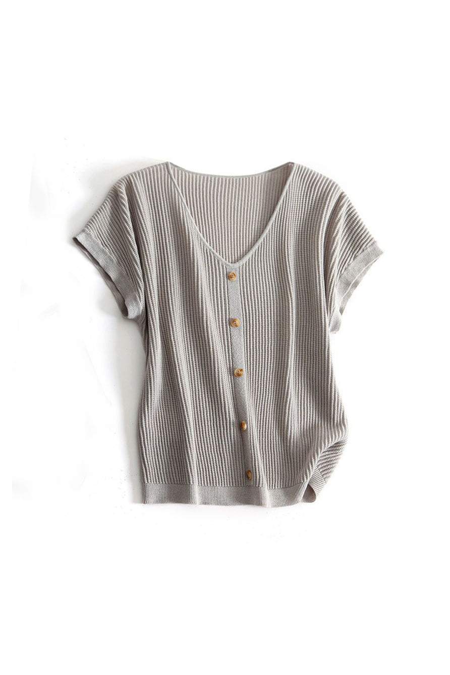 Vネックボタン装飾フレンチスリーブリブニット　8色入 - liwisi
