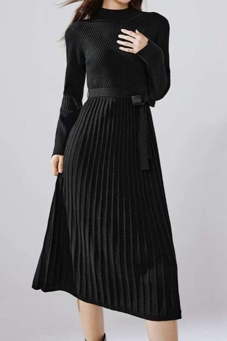 Bottle Neck Pleated Docking Knit Dress - 2 Colors Available - liwisi