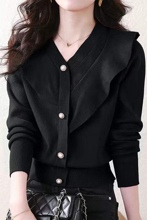 Elegant V-Neck Ruffle Decor Knit Top - liwisi