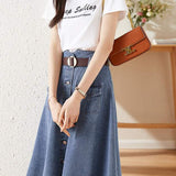 Two-Piece Set: Round Neck Logo Print Short Sleeve T-Shirt + Flap Pocket Flare Denim Skirt