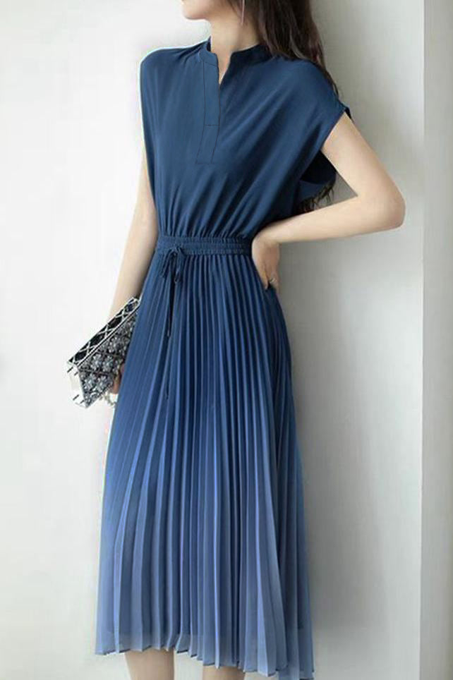Key Neck Ombre Pleated Dress with Lining - 3 Colors Available - liwisi