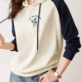 Cuffed Bi-Color Embroidered Drawstring Hooded Sweatshirt