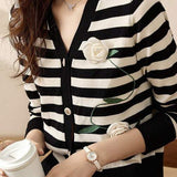 French Stripe V-Neck Light Knit with Camellia Embroidery