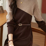Bottle Neck Bi-Color Belted Knit Dress - 2 Colors Available