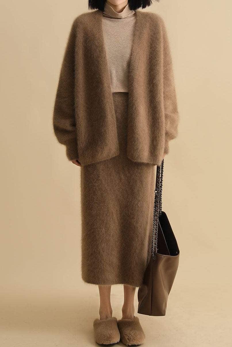 Cashmere-like Knit Cardigan and Knit Skirt Set - liwisi