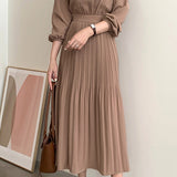 Round Neck Pleated Contrast Long Flare Dress - 4 Colors Available