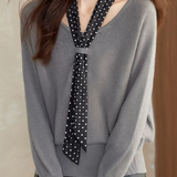 Casual Versatile V-Neck Polka Dot Scarf Necktie Batwing Sleeve Pullover Knitted Top