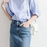 Band Collar Striped Puff Blouse - 2 Colors Available