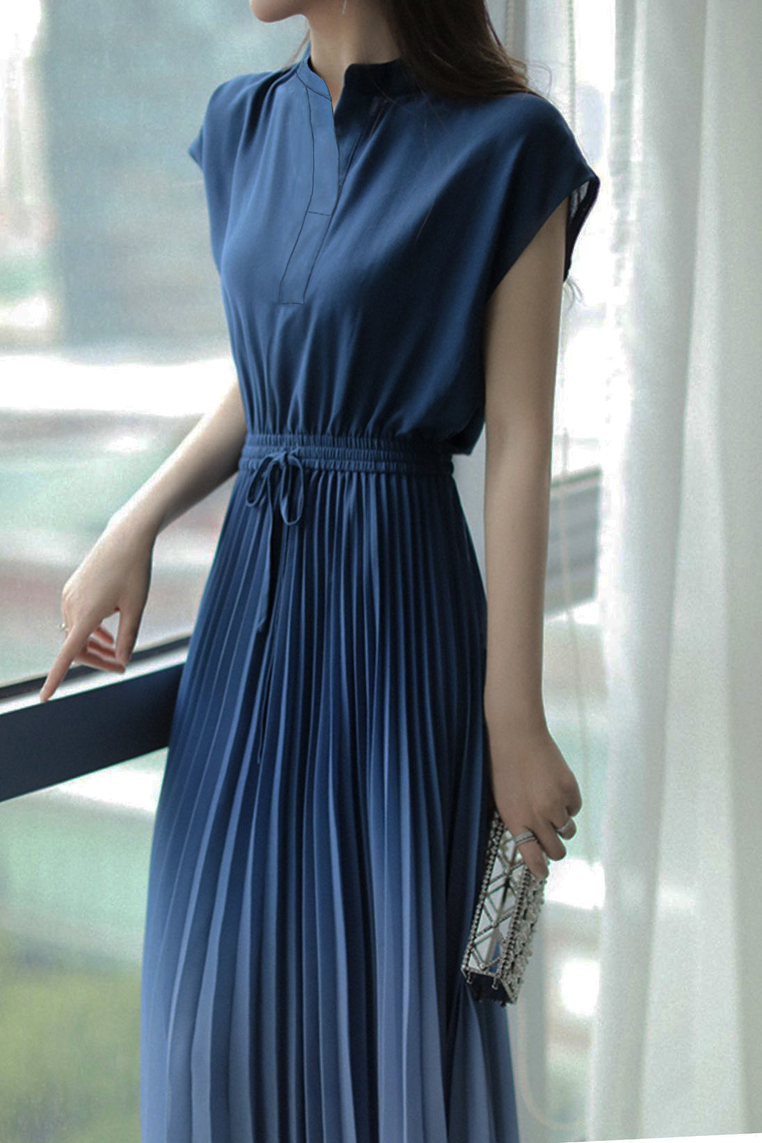 Key Neck Ombre Pleated Dress with Lining - 3 Colors Available - liwisi