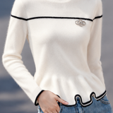 Exquisite Elegant Color Block Round Neck Ruffle Long Sleeve Knit Sweater