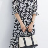 Delicate Elegant Black-and-white Big Floral V-neck Ruffle Dress