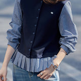 Elegant Commuter Fake Two‑Piece Crew Neck Plaid Long‑Sleeve Shirt