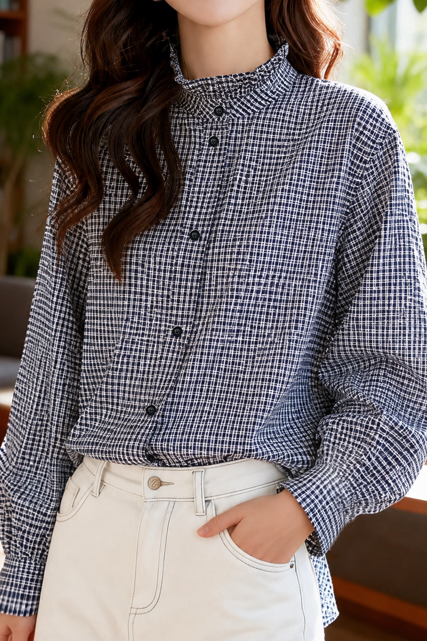 Elegant Vintage Ruffled Stand Collar Pleated Blouse