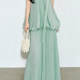 Casual Vacation Sleeveless Tank Top And Pleated Midi Skirt Set
