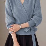 Elegant V-Neck Cross Tie Long Sleeve Knit Cardigan - liwisi