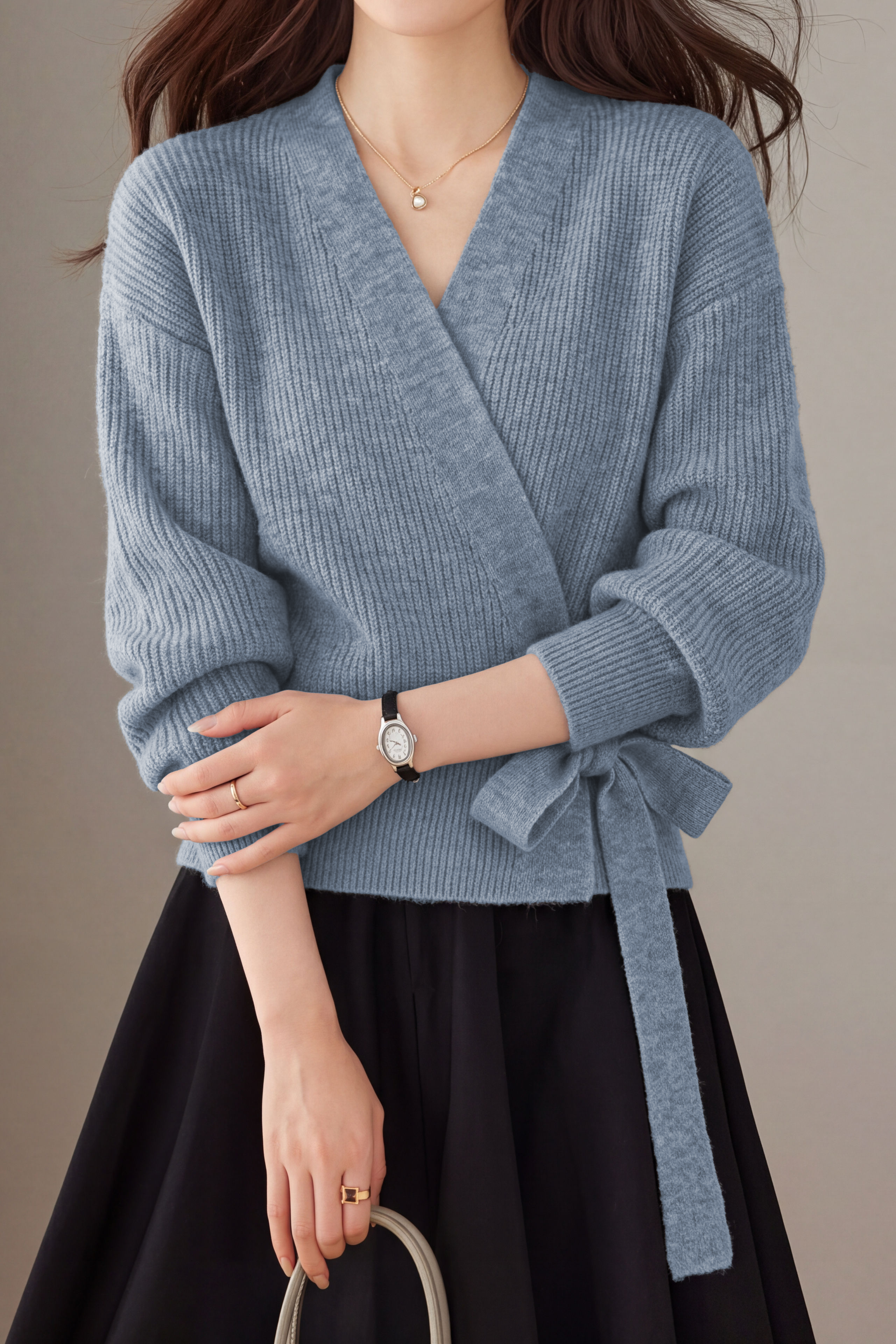 Elegant V-Neck Cross Tie Long Sleeve Knit Cardigan - liwisi