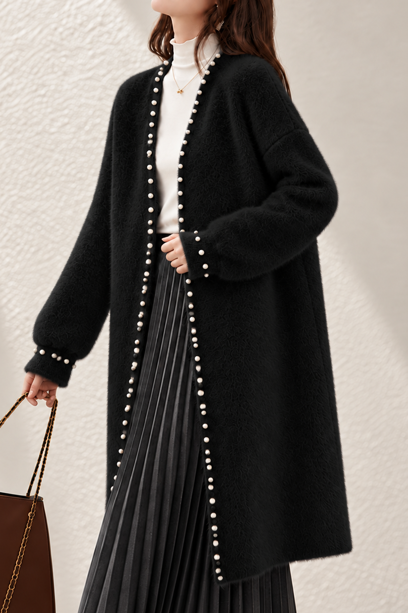 Elegant Graceful V‑Neck Pearl Button Long Sleeve Knit Cardigan - liwisi
