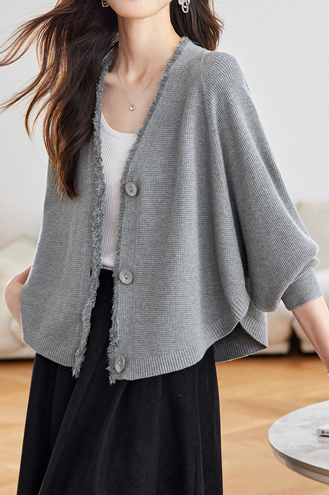 Casual Batwing Sleeve Fringed Knit Cardigan - liwisi