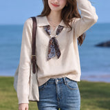 Elegant Polo Collar Printed Scarf Sash Knit Sweater