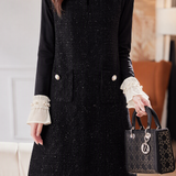 Elegant Mesh Spliced Long‑Sleeve Top & Crew Neck Sequin Vest Dress Two‑Piece Set