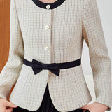 Elegant Commuter Crew Neck Bow Long‑Sleeve Coat