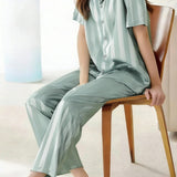 Casual Loungewear Ice Silk Lapel Striped Pajama Set