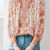 Exquisite Vintage Stand Collar Printed Long-Sleeve Lantern Blouse