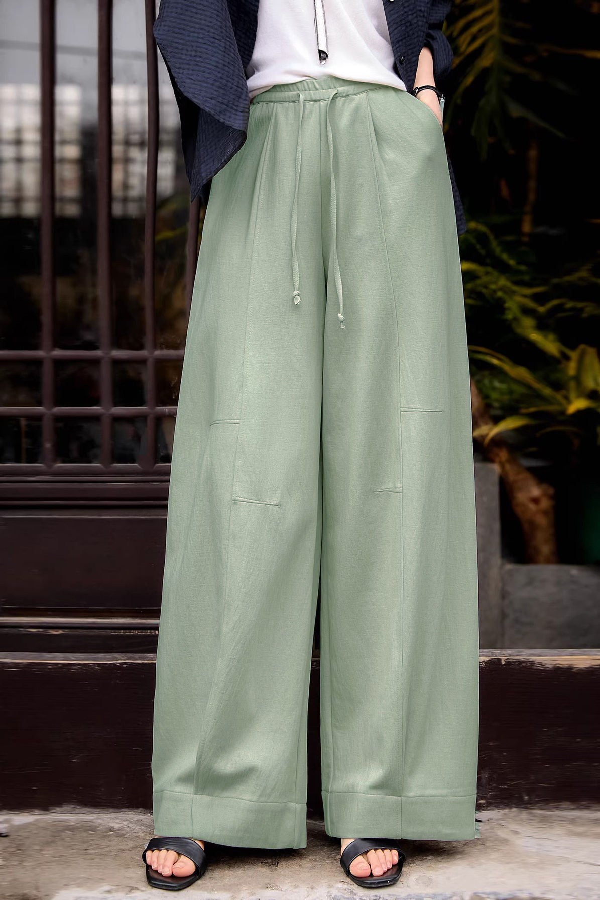 Casual Textured Drawstring Wide-Leg Pants - liwisi