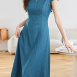 Retro Denim Pleated Short Sleeve Dress - liwisi