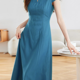 Retro Denim Pleated Short Sleeve Dress - liwisi