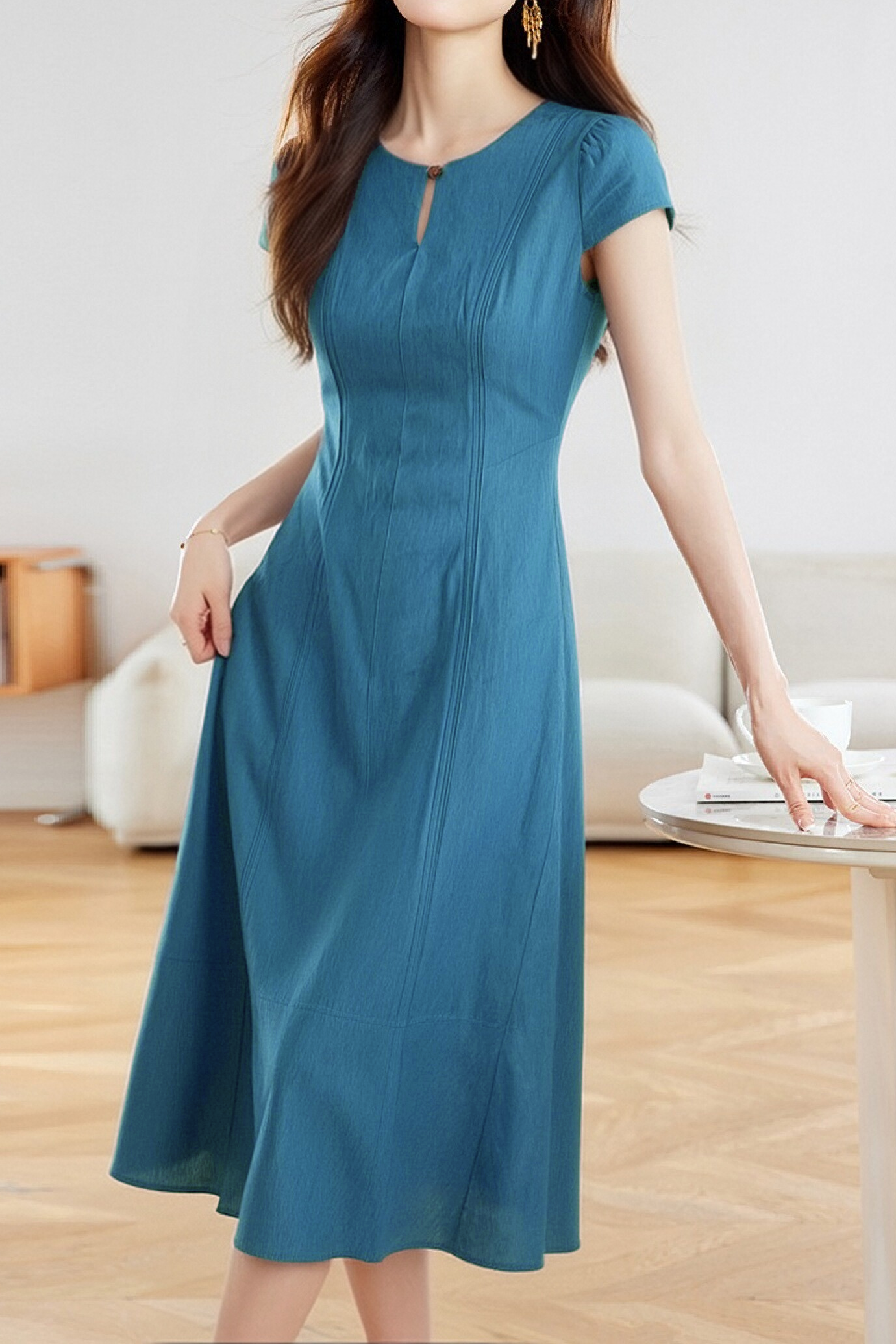 Retro Denim Pleated Short Sleeve Dress - liwisi