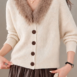 Casual Lazy Knit Cardigan With Fur Collar And V Neck