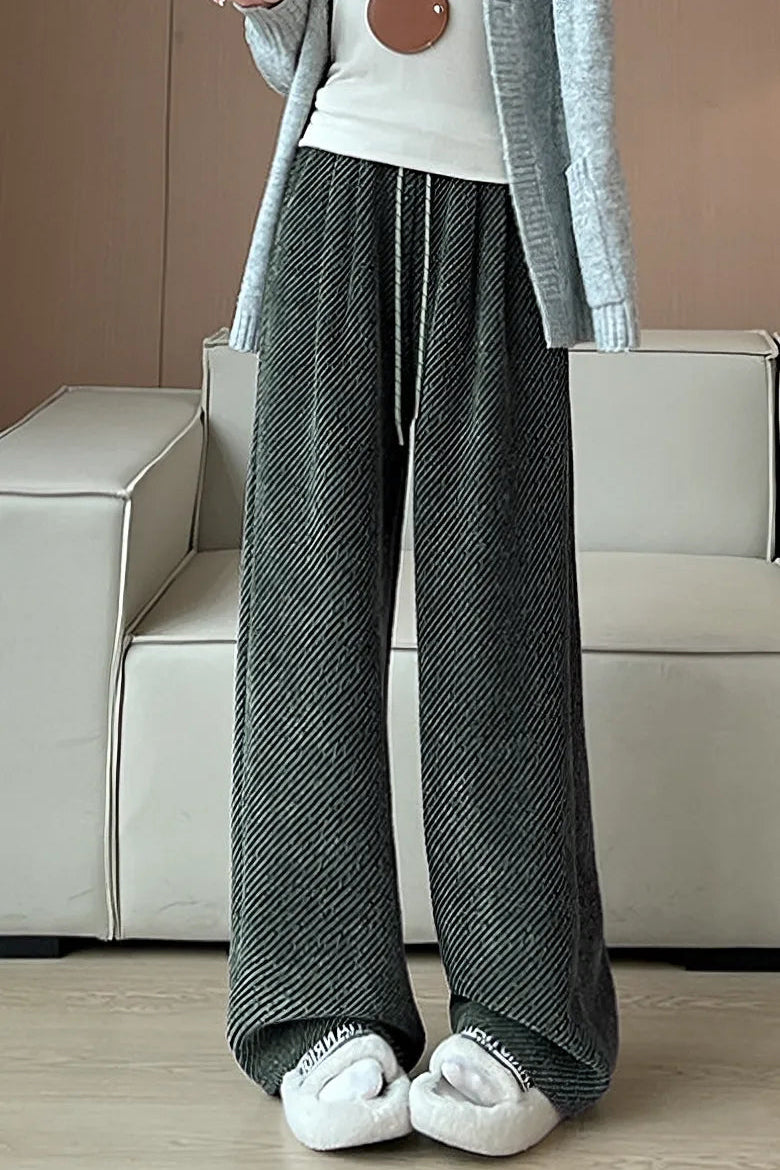 Lazy Relaxed Diagonal Striped Fleece-Lined Wide-Leg Pants - liwisi