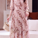 French Elegant V‑Neck Pearl‑Trimmed Shaded Print Dress