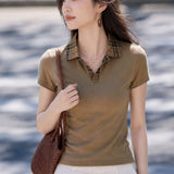 Casual Plaid Spliced Lapel Cotton T-Shirt