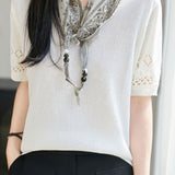 Casual Round Neck Scarf Decor Short Sleeve Knit Sweater