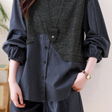 Casual Crew Neck Plaid Spliced Puff Sleeve Shirt