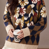 Casual Vacation Crew Neck Floral Diamond Jacquard Long‑Sleeve Sweater