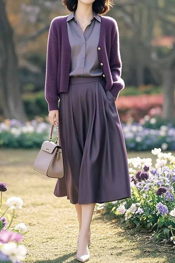 Casual Knit Cardigan, Shirt & Skirt Three-Piece Set - liwisi