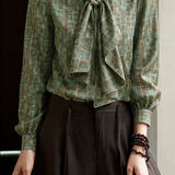 Elegant Contrast Stripe & Plaid Blouse With Ribbon Tie