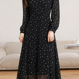 Exquisite Elegant V‑Neck All‑Over Polka‑Dot Long‑Sleeve Dress